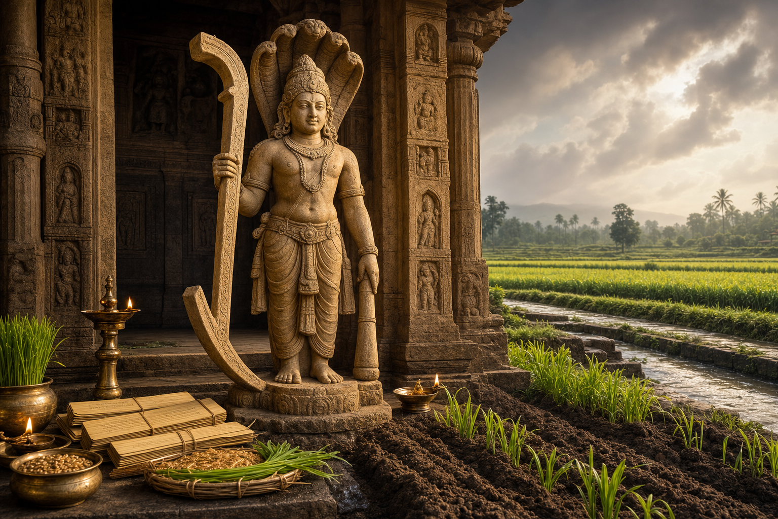Stone sculpture of Balarama holding the Langala plough beside fertile fields and temple lamps