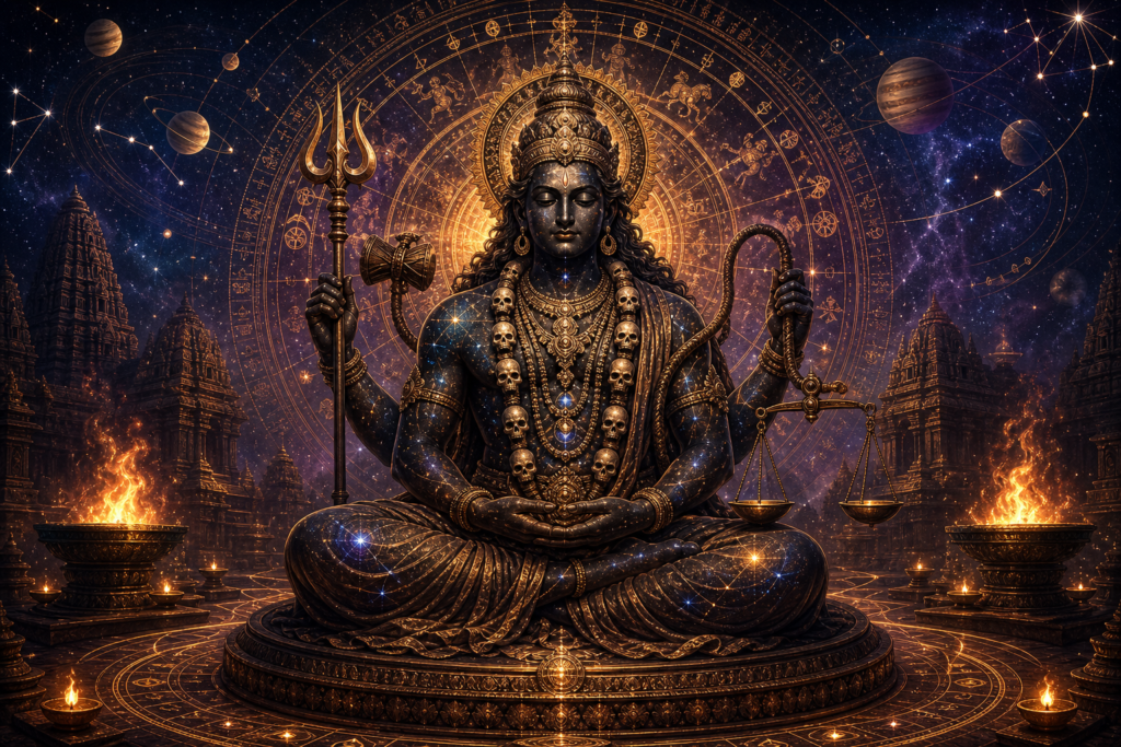 Kalapurusha seated in meditation within a cosmic mandala with zodiac symbols, planets, temple flames, trident, drum, noose, and scales.