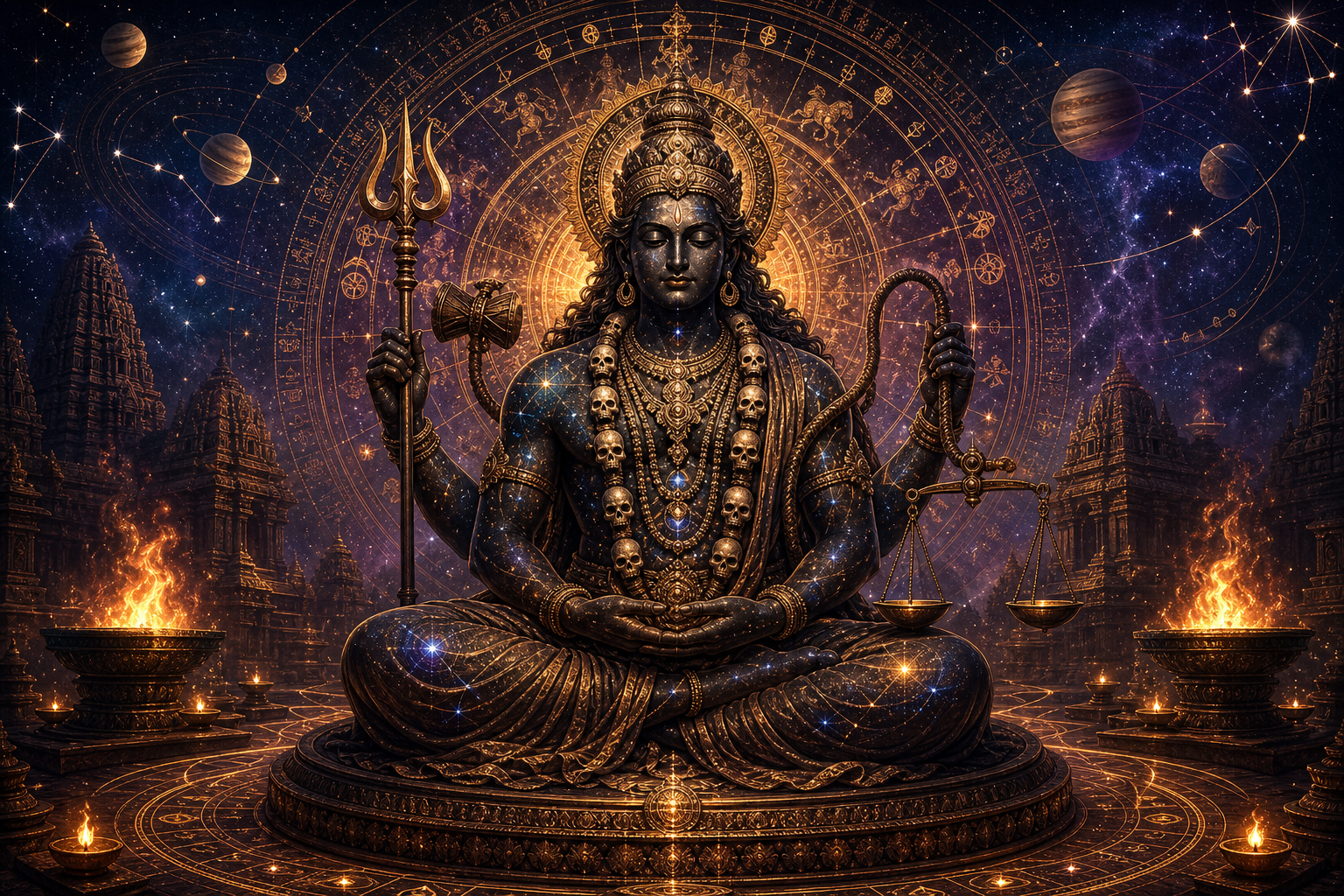 Kalapurusha seated in meditation within a cosmic mandala with zodiac symbols, planets, temple flames, trident, drum, noose, and scales.