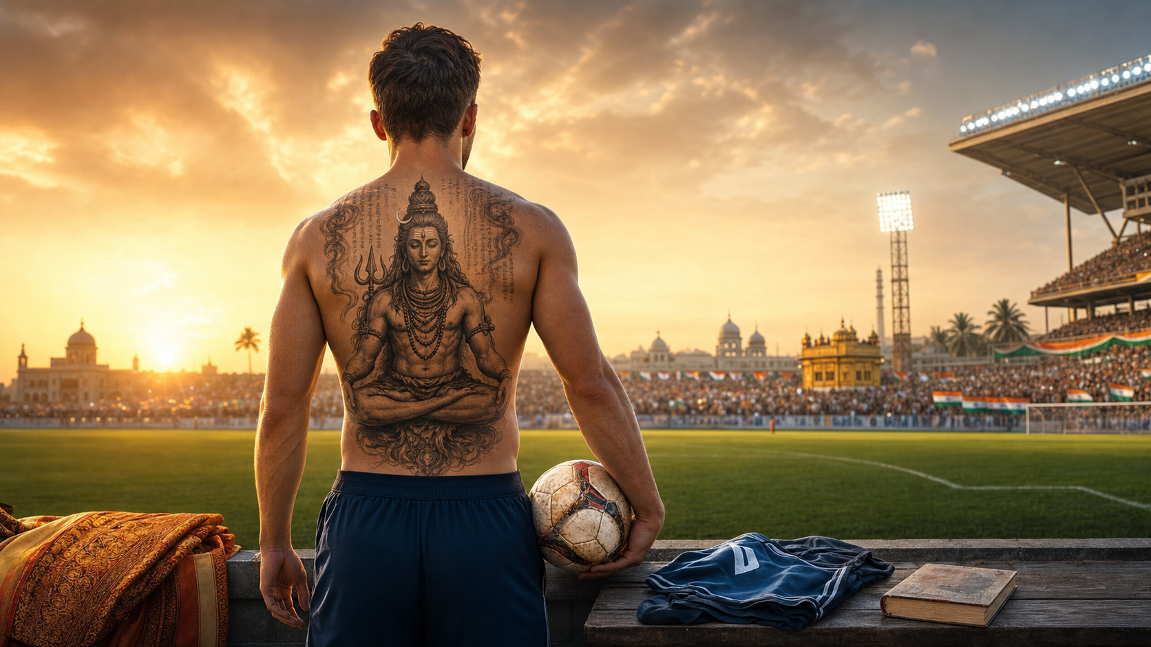 Footballer seen from behind with a Shiva back tattoo in an Indian stadium at sunset