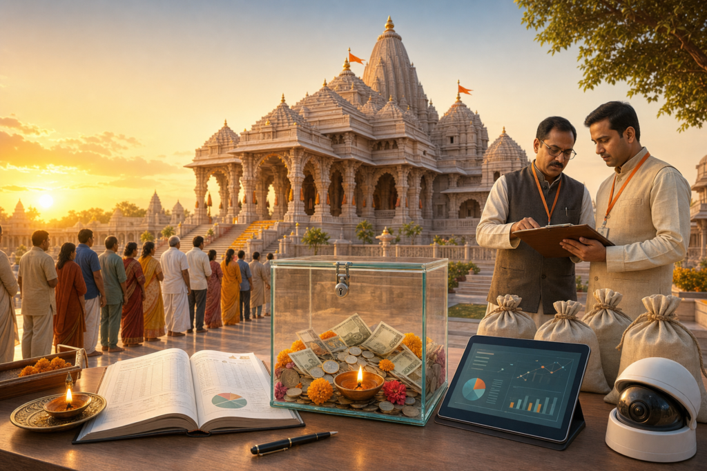 Temple donation box with audit records, digital dashboard, administrators, and devotees at sunrise