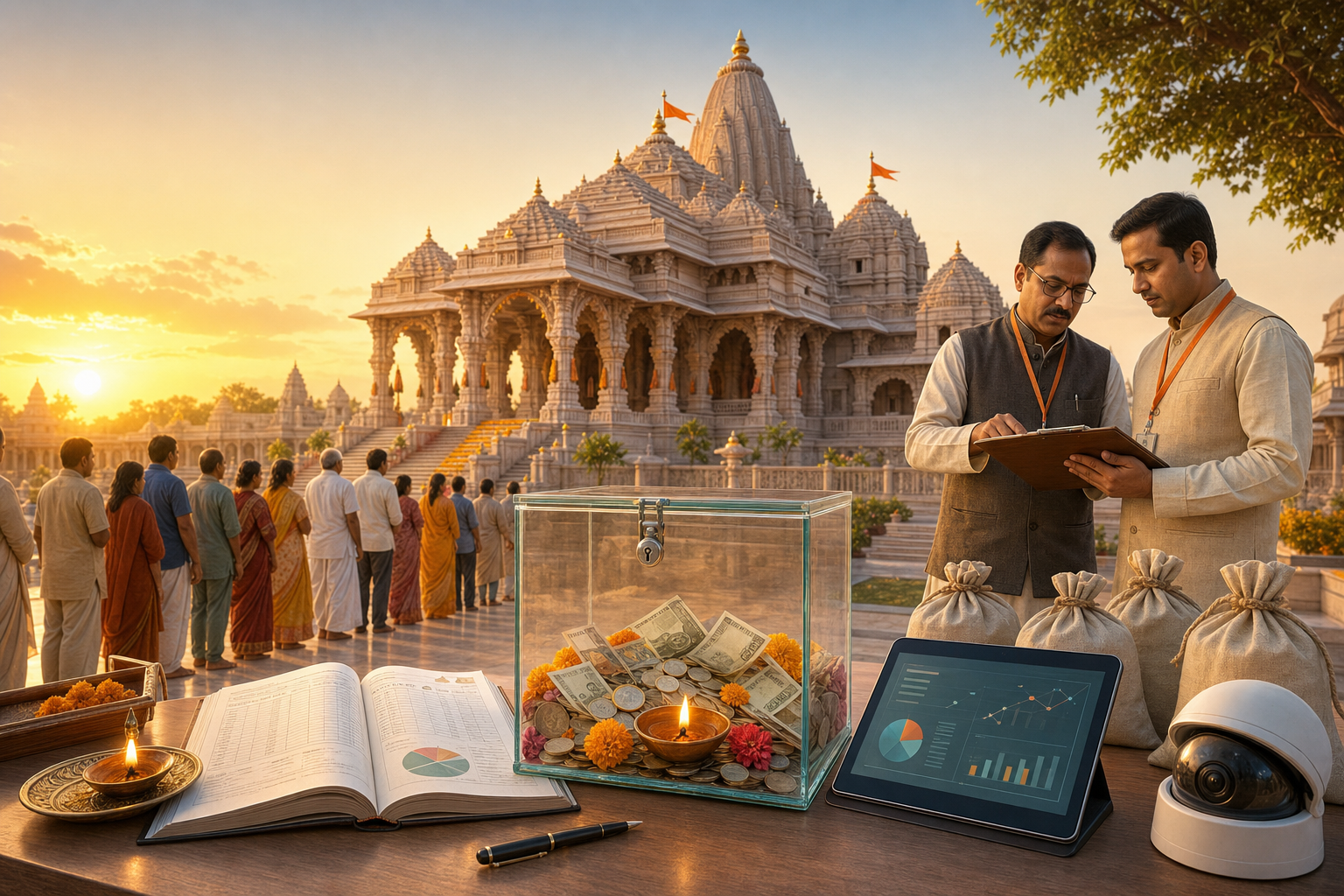 Temple donation box with audit records, digital dashboard, administrators, and devotees at sunrise