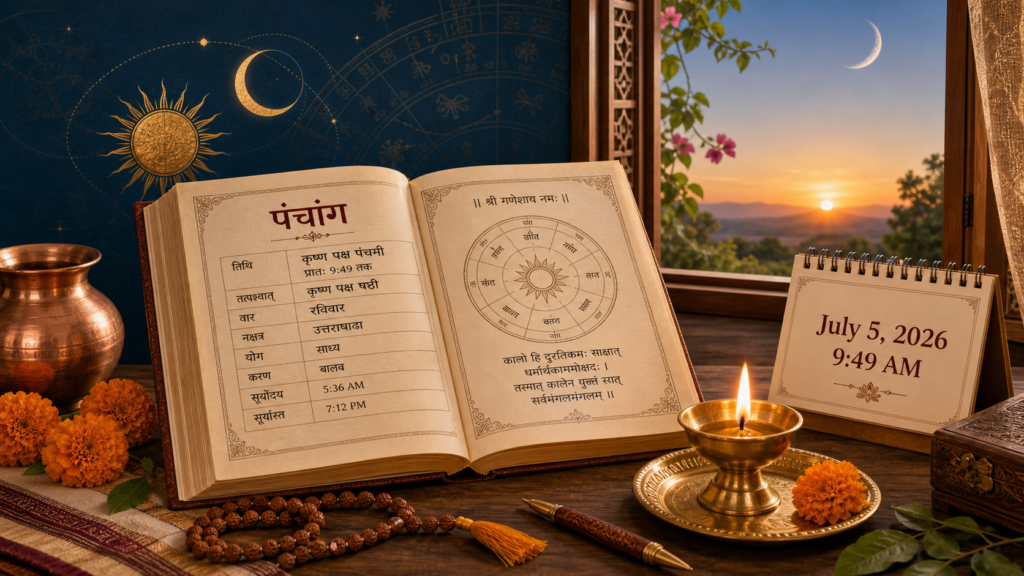 Open Hindu Panchang almanac with diya, marigolds, prayer beads, and July 5, 2026 calendar at sunrise