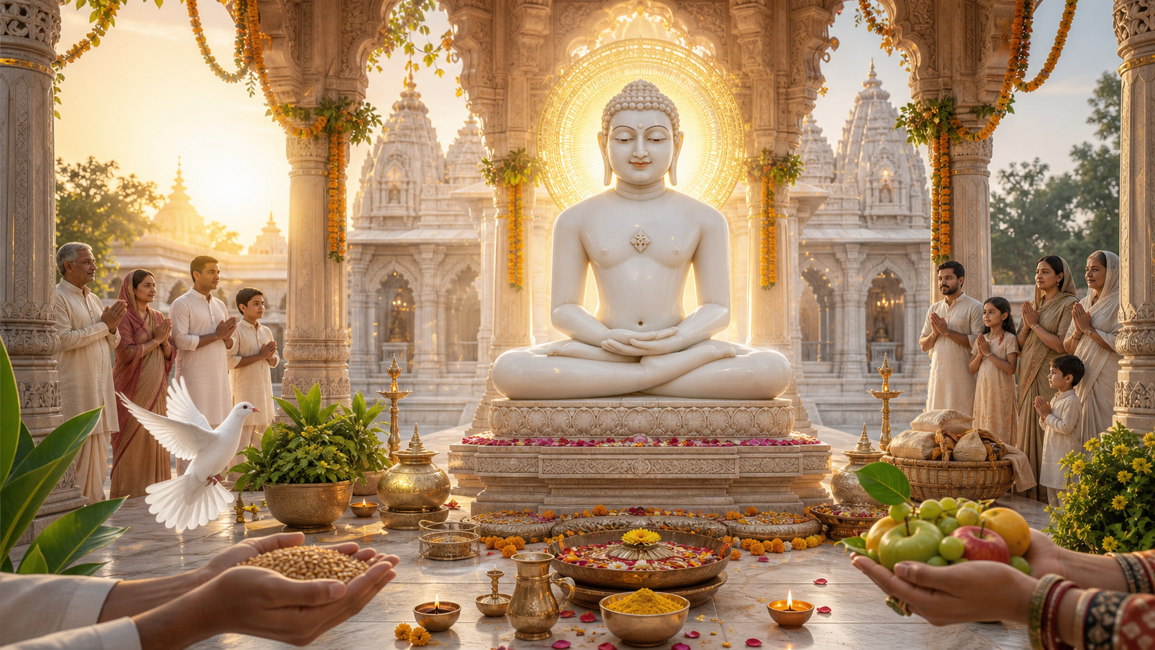 Lord Mahavir marble statue in a Jain temple courtyard for Mahavir Jayanti 2026