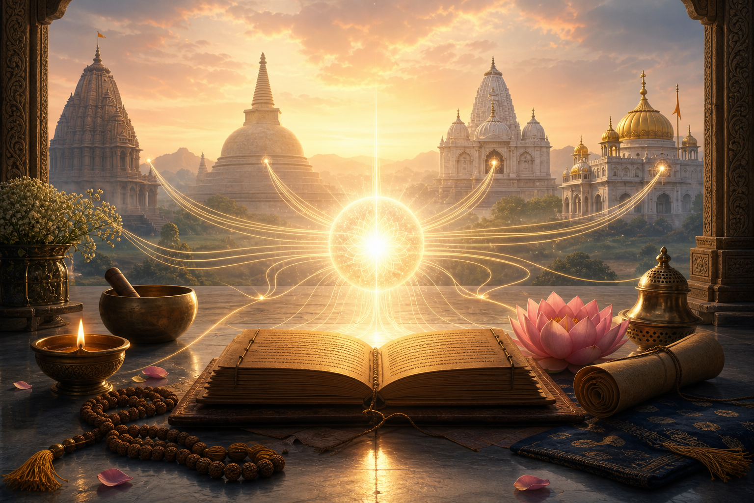 Golden sphere of light above a palm-leaf manuscript with Dharmic symbols and sacred architecture at sunrise.
