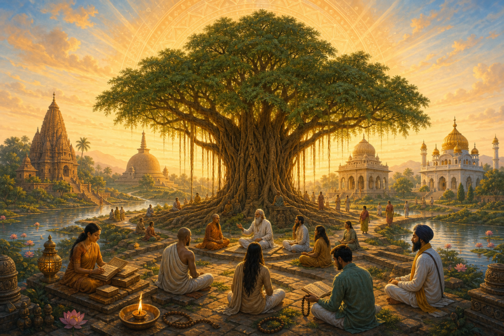Banyan tree at sunrise with seekers meditating near Indian temple, stupa, pavilion, and gurdwara-inspired architecture