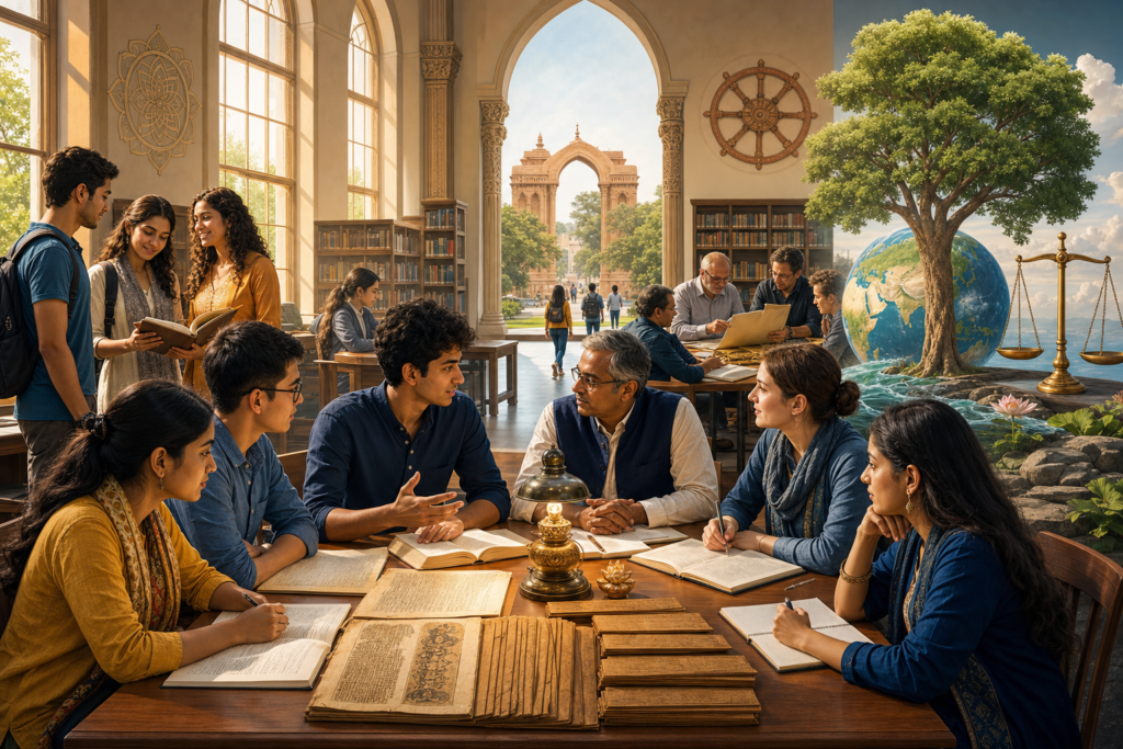 Students and scholars discuss Dharma studies around manuscripts in a sunlit university library.