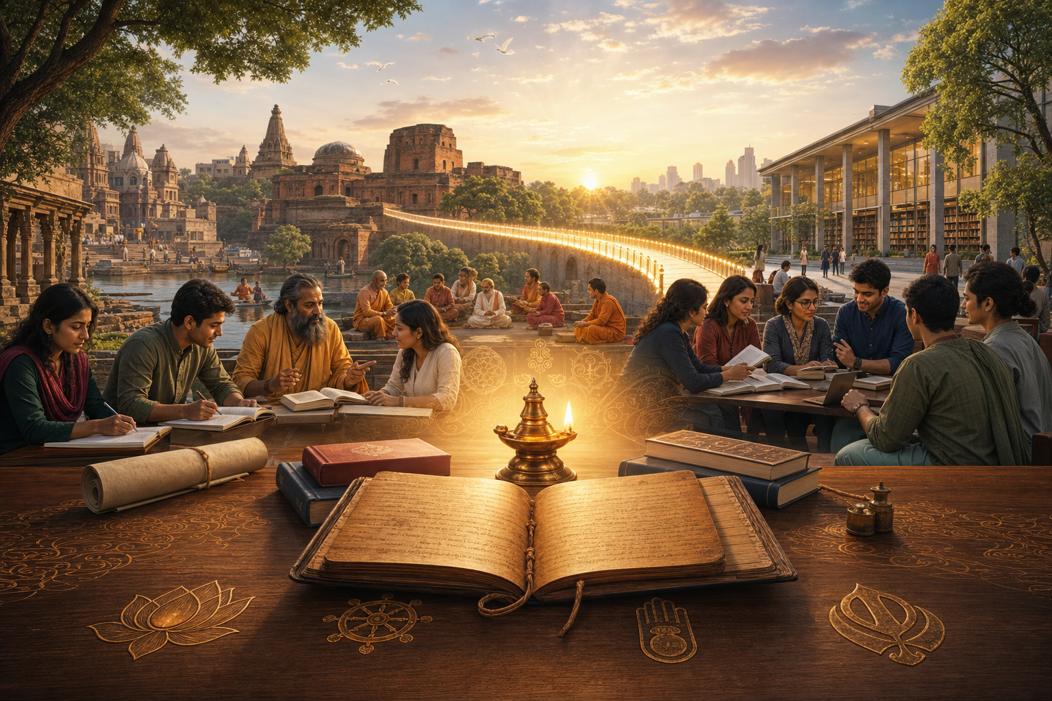 Dharma Studies scholars gather around a glowing manuscript and oil lamp linking ancient Indian learning with a modern library.
