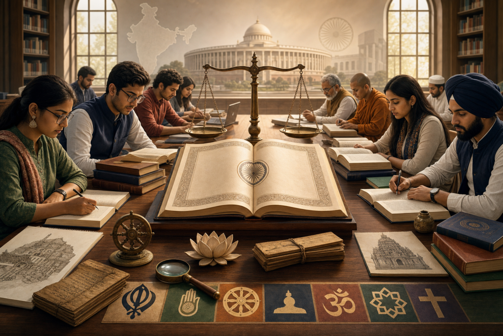 Indian students study constitutional law and religion around an open book with scales in a university library.