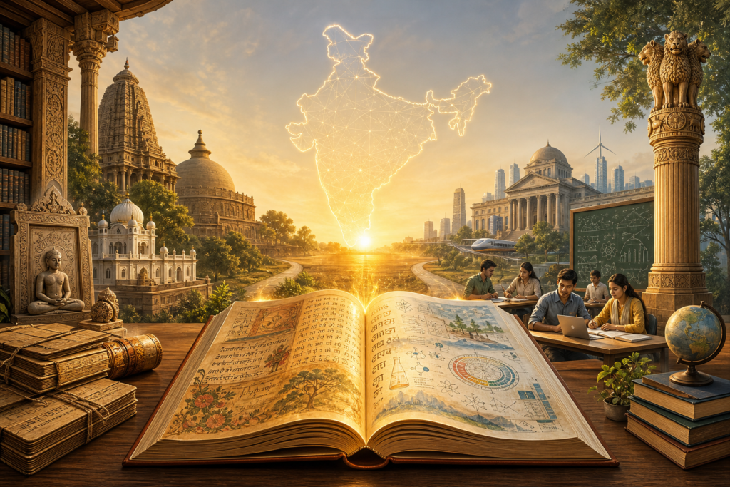 Digital artwork of an open book blending Indian heritage, education, and a glowing map of India at sunrise.