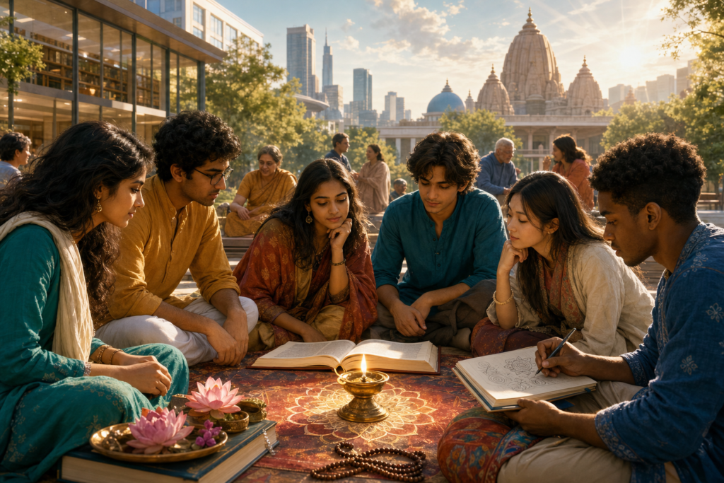 Diverse Hindu American students study beside a diya lamp in a sunny university courtyard.