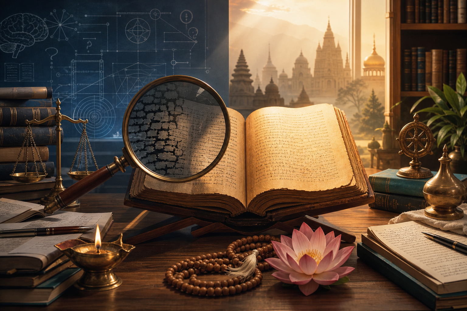 Open sacred manuscript with magnifying glass, books, scale, oil lamp, lotus, and dharmic architecture in a study room