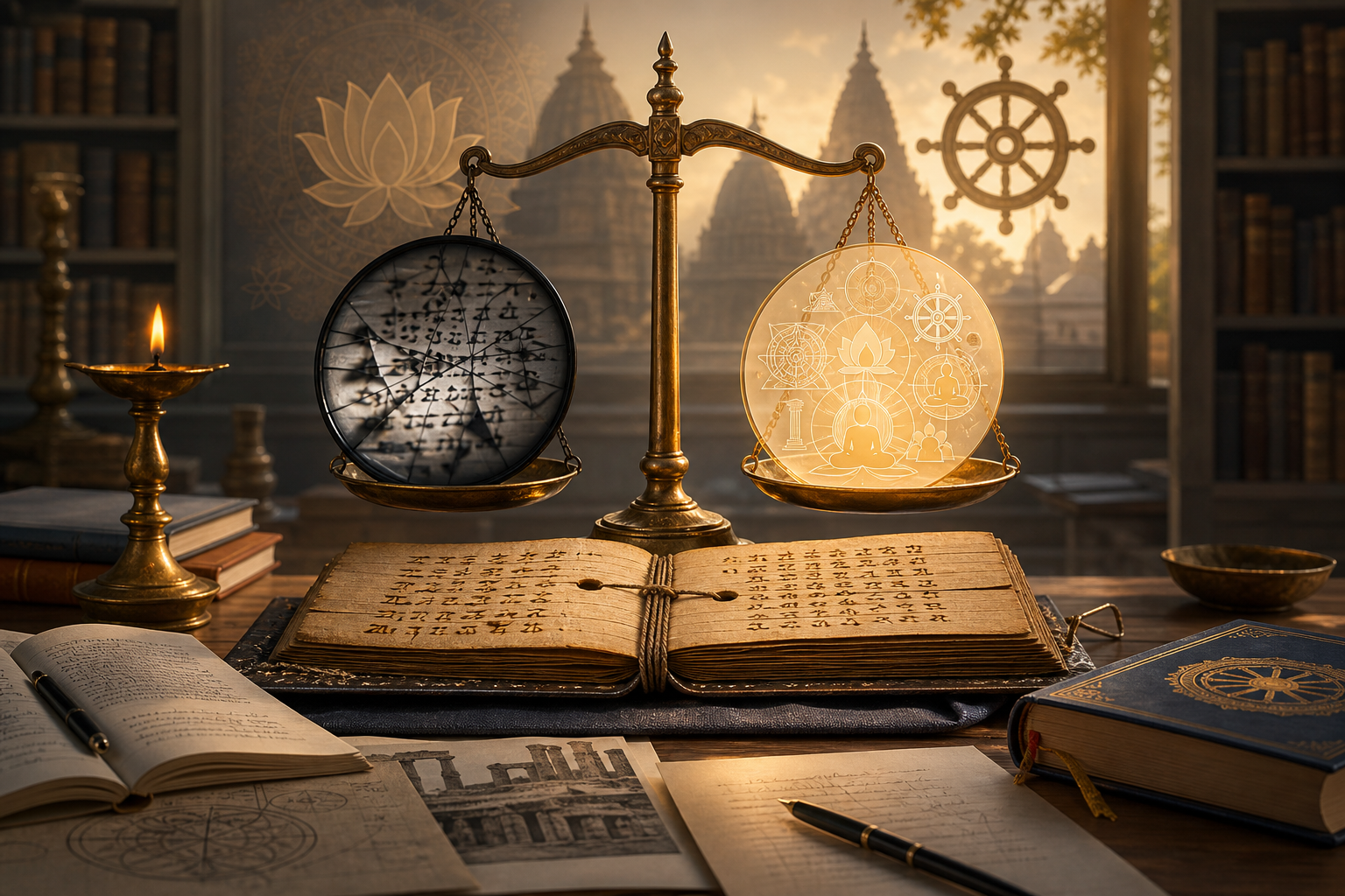 Balanced scales over a palm-leaf manuscript in a Dharmic scholarship study