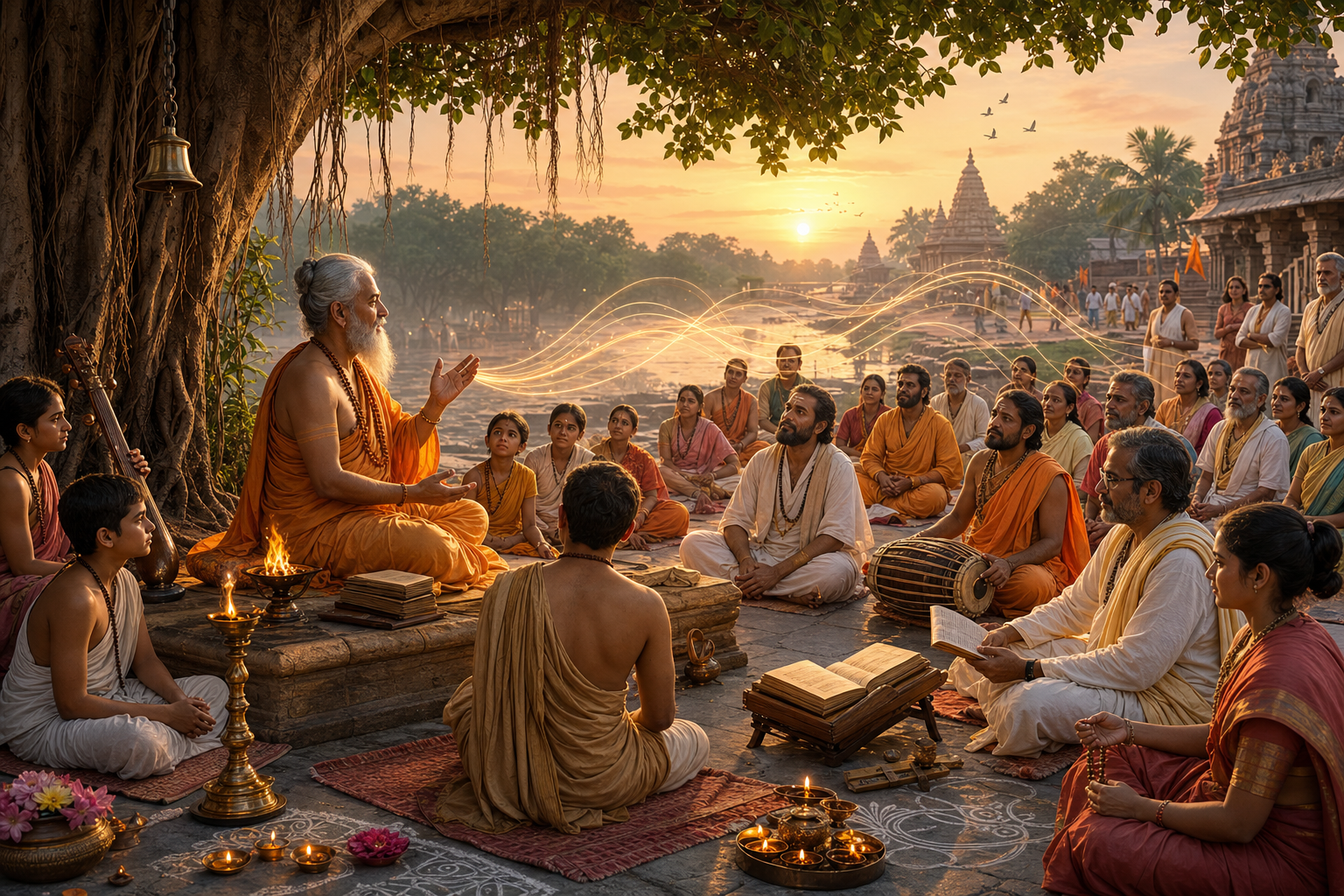 Guru teaches students beneath a banyan tree in a temple courtyard as golden sound waves symbolize Dharmic oral tradition.