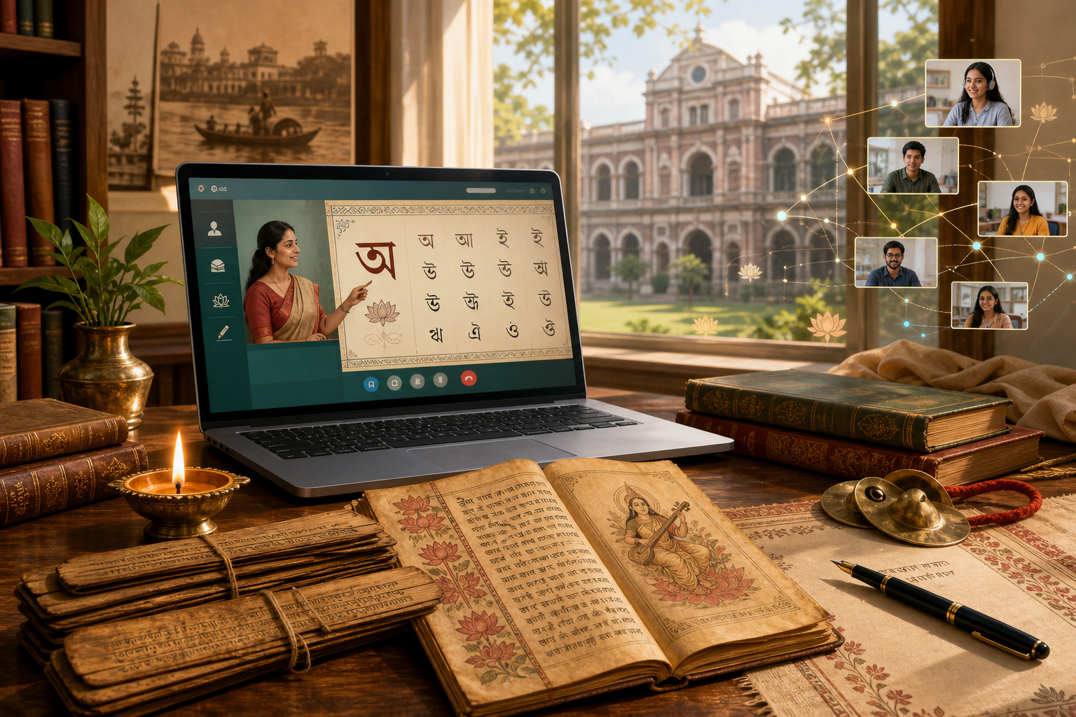 Online Bengali learning class on a laptop beside manuscripts, books and heritage study objects in a Kolkata-inspired library setting.