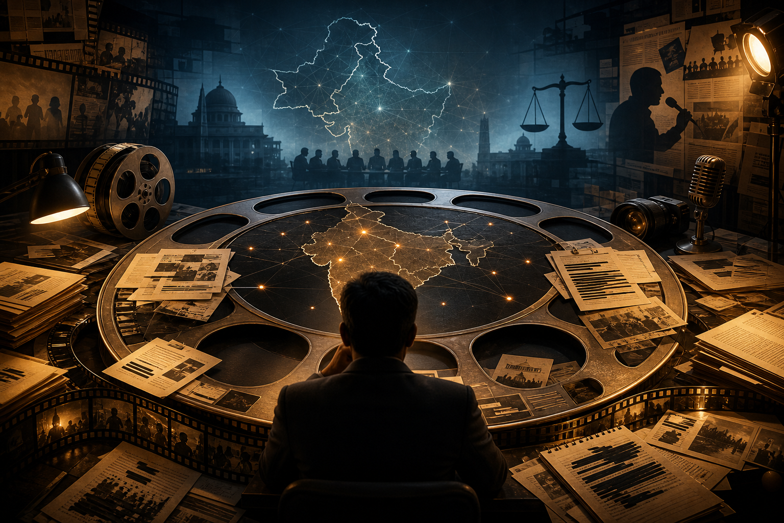 Cinematic intelligence briefing table with film reel, India-Pakistan map outlines, documents, microphone, and scale