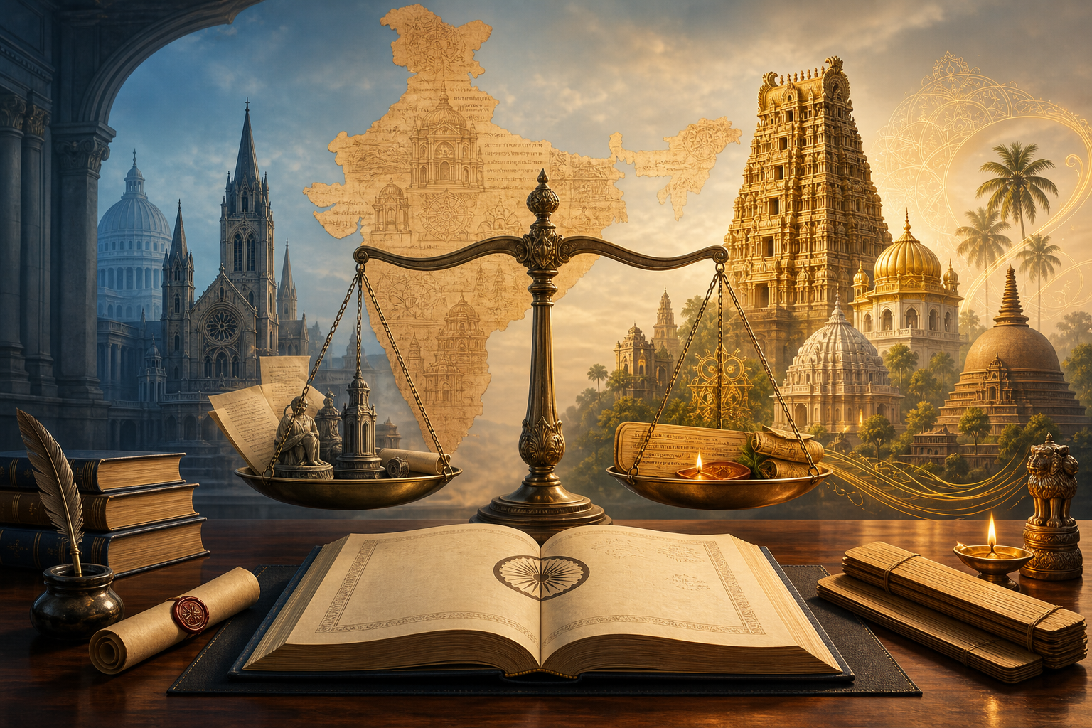 Symbolic digital art of India’s Constitution balanced between European legal traditions and Bharatiya sacred plurality.