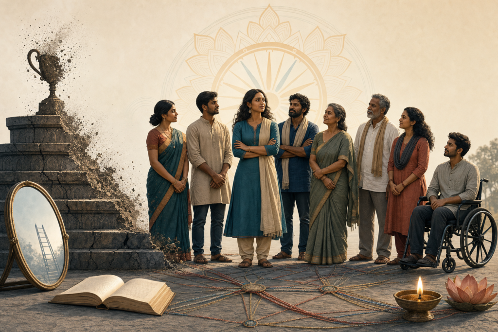Indian adults stand together as an old hierarchy pedestal dissolves beside symbols of dignity and reform.