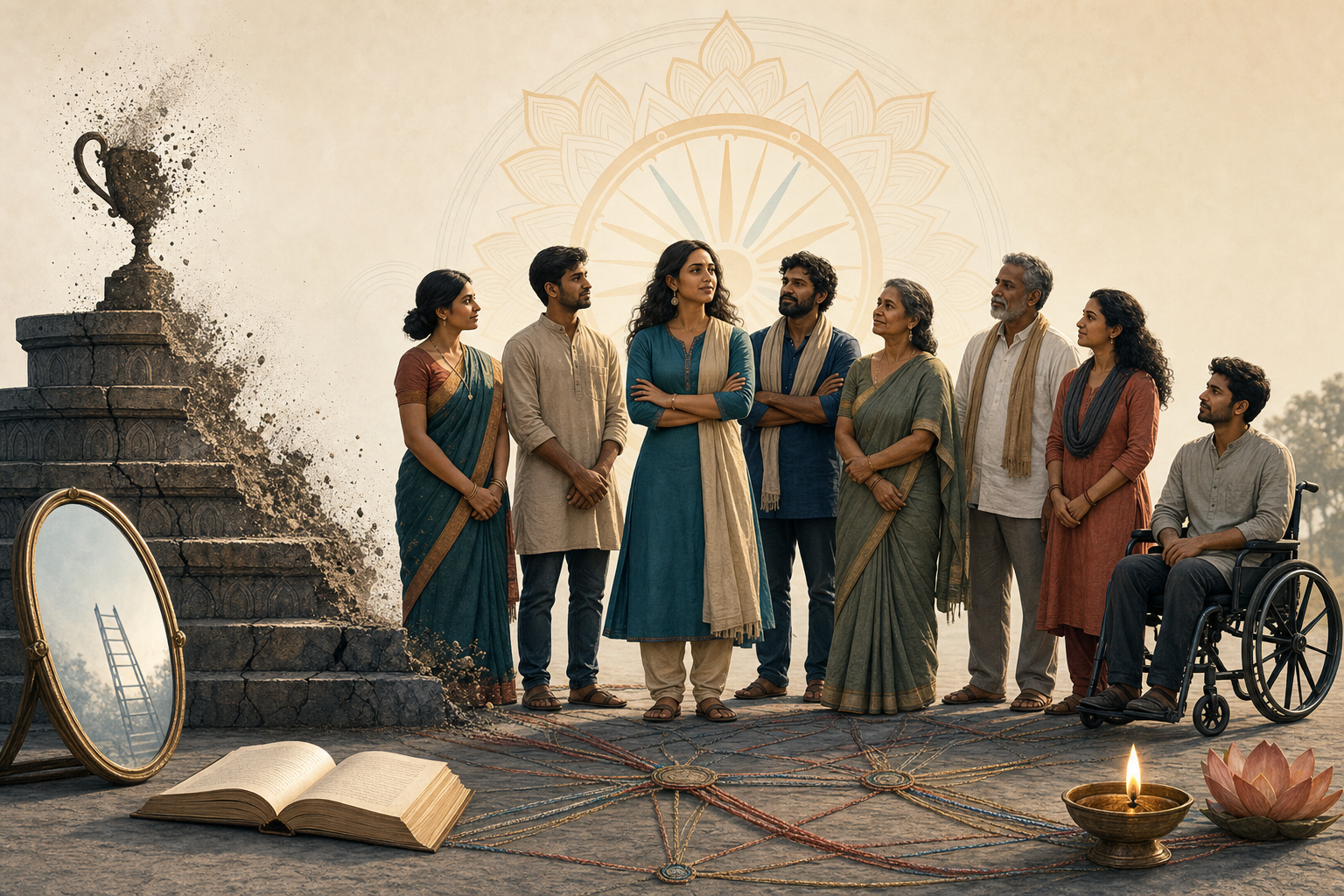 Indian adults stand together as an old hierarchy pedestal dissolves beside symbols of dignity and reform.