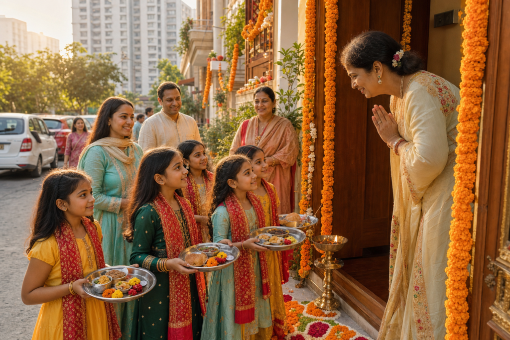 Young girls carrying Kanjak offerings at a marigold-decorated Delhi doorway during Navratri