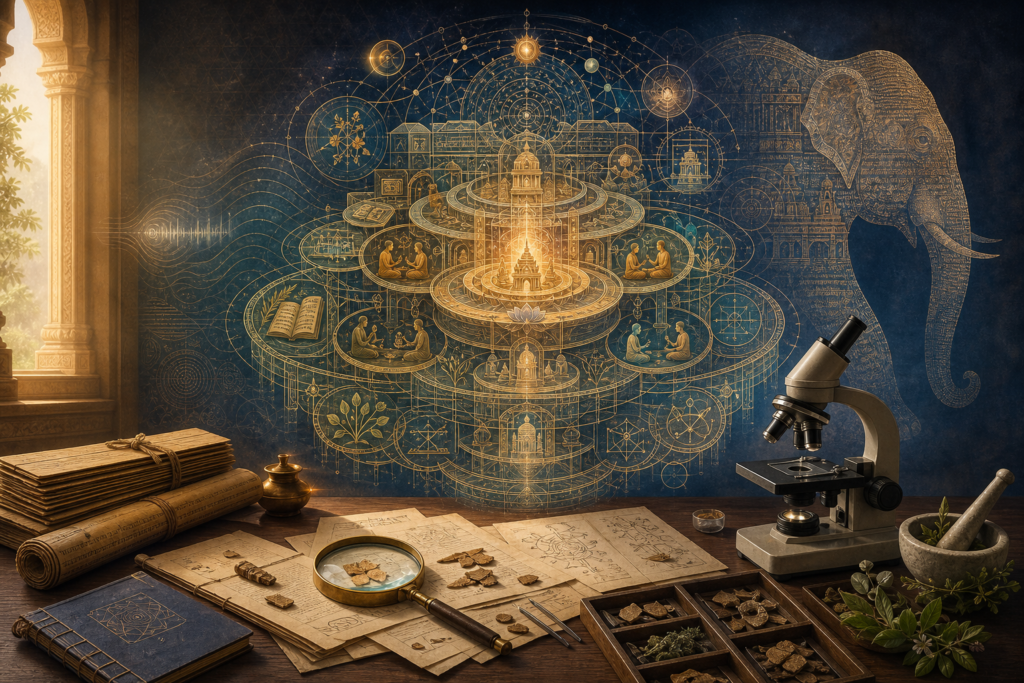 Illustration of Bharatīya Jñāna Paramparā as a luminous knowledge mandala behind a research desk with manuscripts, microscope, and elephant silhouette.