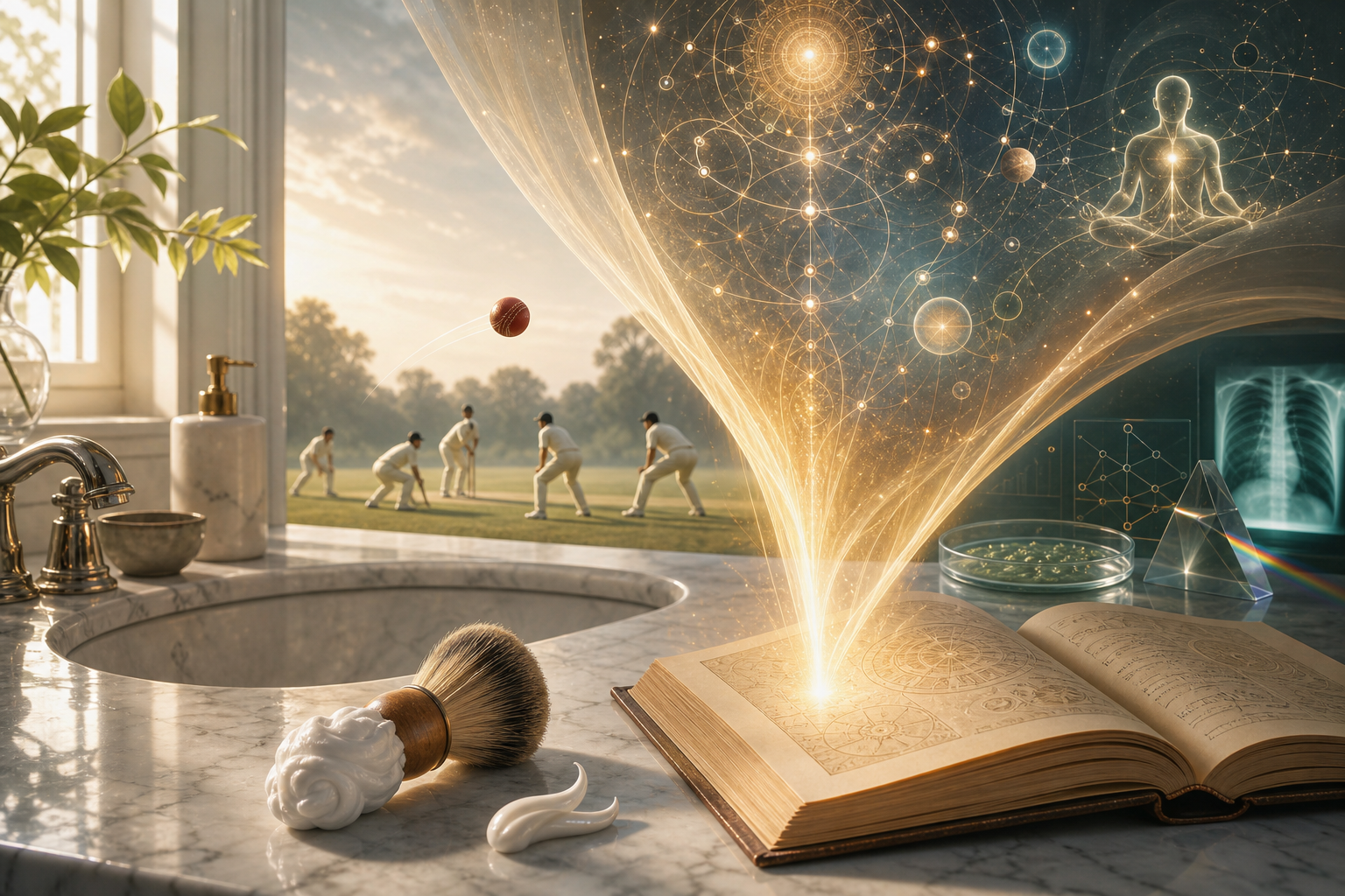 Golden light rises from an open book beside a washbasin, revealing cosmic patterns of hidden truth.