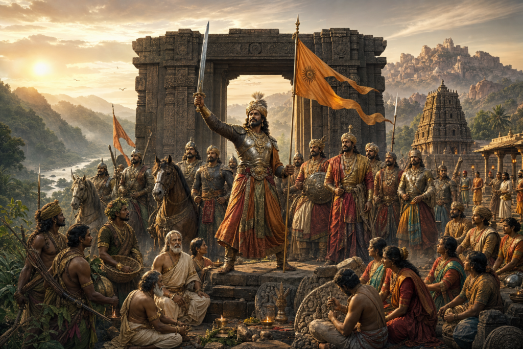 Musunuri Nayaka warrior-leader raising a sword and saffron banner before Warangal fort gates