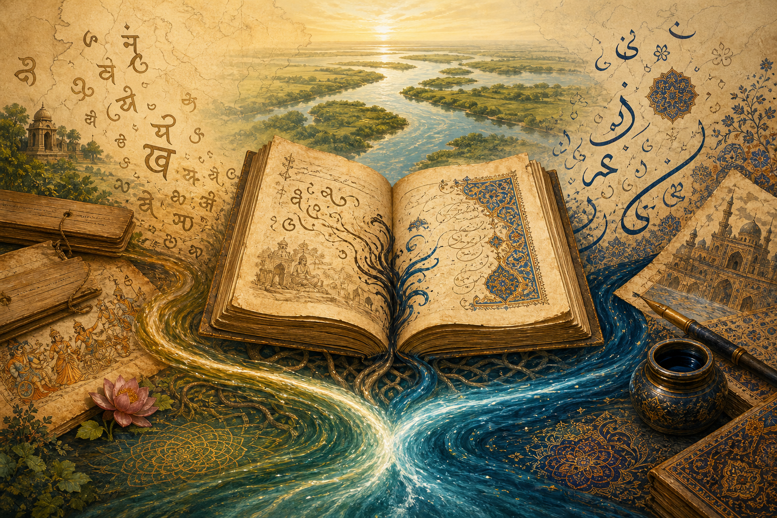 Illustration of Bengali literary heritage with an open manuscript between merging river streams