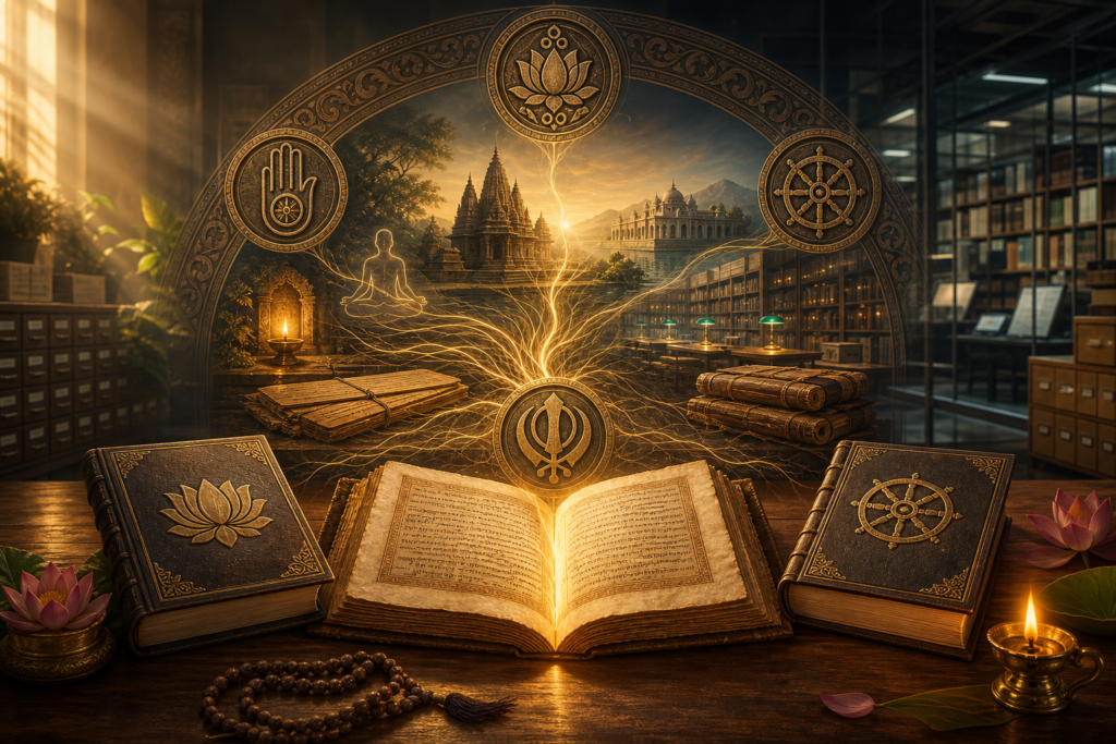 Glowing Sanskrit manuscript with Dharmic symbols in a scholarly archive