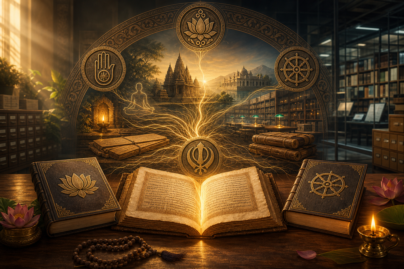 Glowing Sanskrit manuscript with Dharmic symbols in a scholarly archive