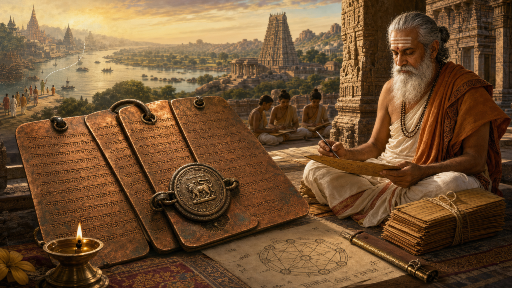 Elderly South Indian scholar beside copper plate inscriptions and palm-leaf manuscripts in a Hampi temple courtyard.