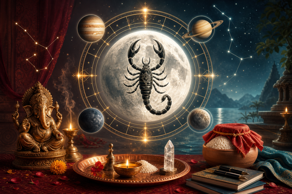 Vrischika Rashi 2026-2027 Scorpio moon sign artwork with Vedic astrology chart, moon, Ganesha idol, puja offerings and planets.