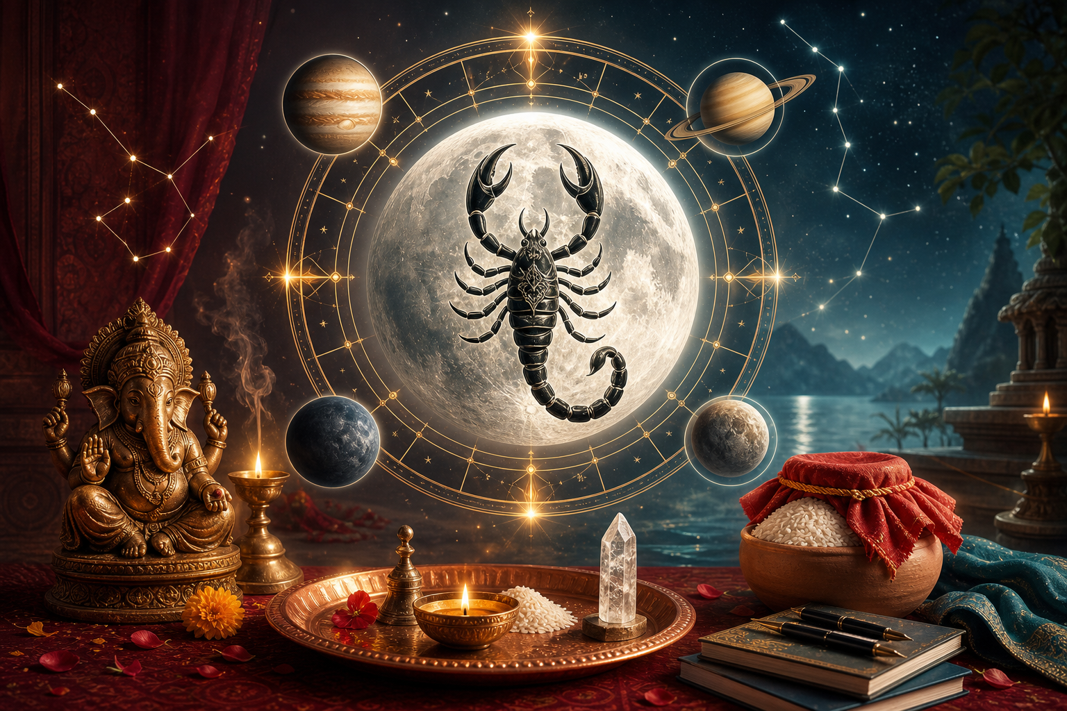 Vrischika Rashi 2026-2027 Scorpio moon sign artwork with Vedic astrology chart, moon, Ganesha idol, puja offerings and planets.
