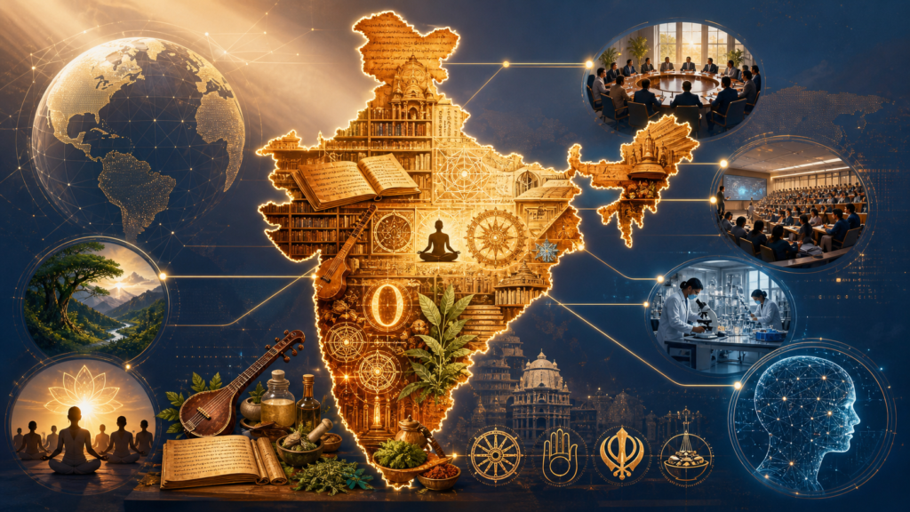 Digital illustration of India as a glowing knowledge map linking heritage, research, diplomacy, education, public health and AI.