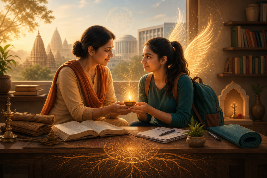 Mother and daughter share a glowing ceremonial lamp while studying, symbolizing dharmic wisdom, education, and cultural continuity.