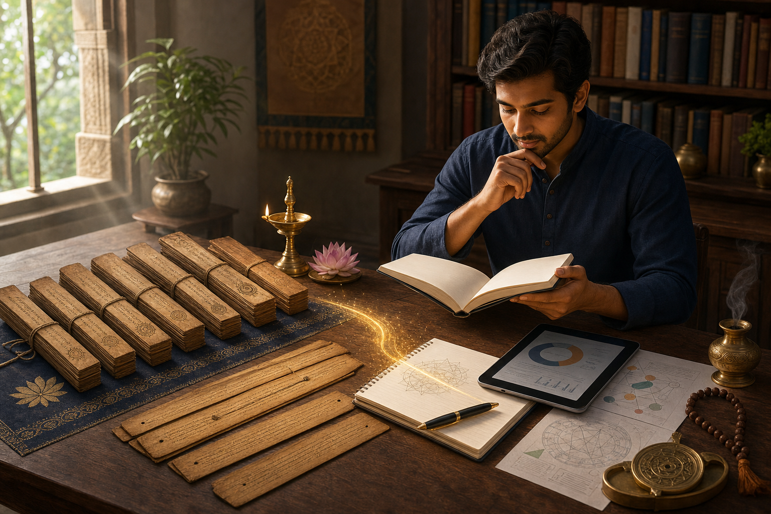 Contemporary reader studying Hindu Shastras beside ancient manuscripts and modern research tools
