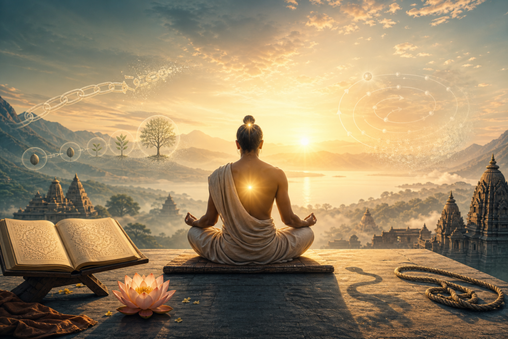 Meditating seeker at sunrise symbolizing Advaita Vedanta moksha beyond cause and effect.