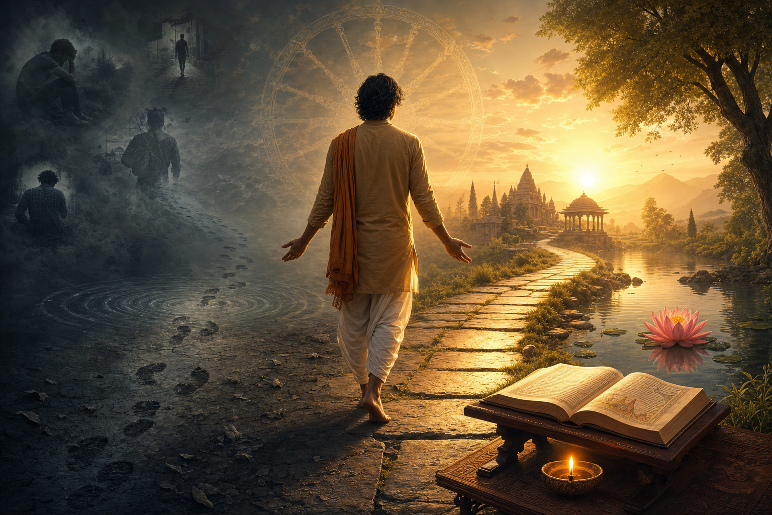 Contemplative figure walking from shadowed regret toward a golden dharma path with scripture, diya, lotus, and temple at sunrise