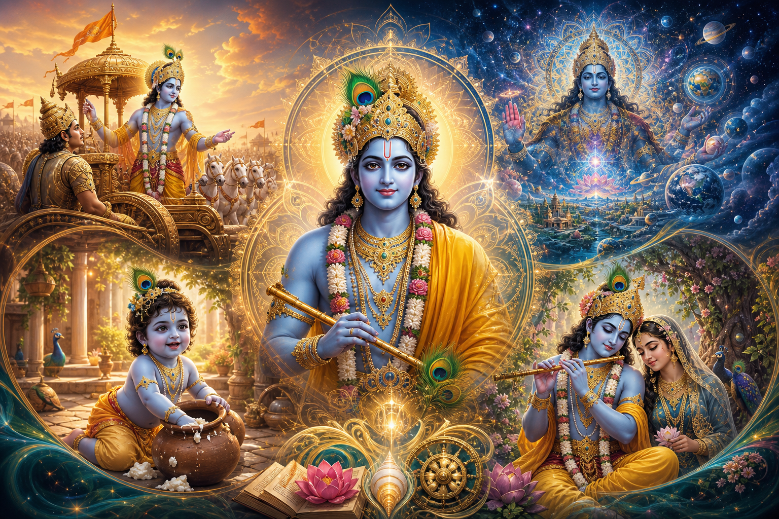 Digital devotional art of Krishna with child, charioteer, flute-playing, and cosmic divine forms