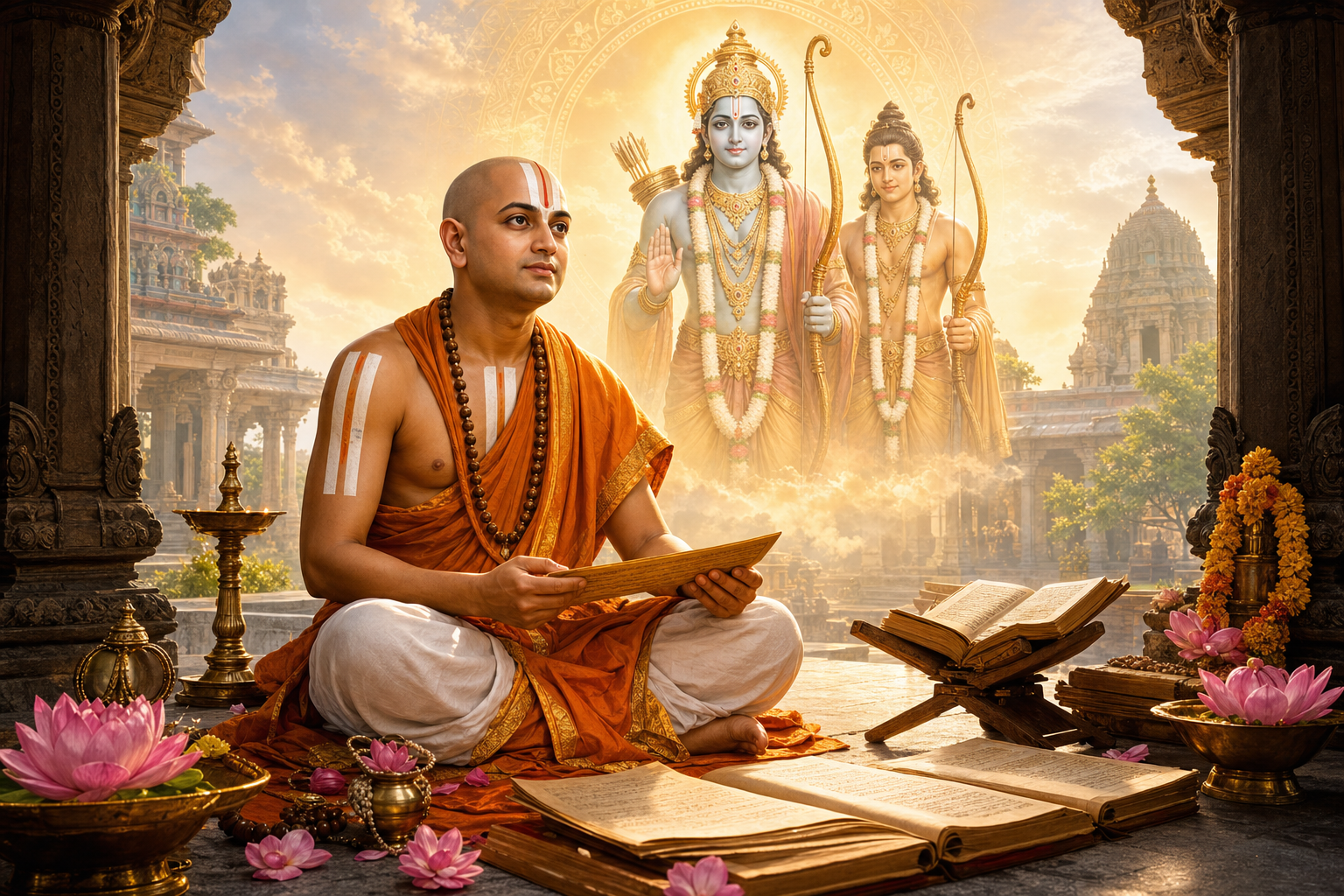 Sri Ramanujacharya seated with palm-leaf scriptures in a South Indian temple, with Sri Rama and Lakshmana glowing behind him.