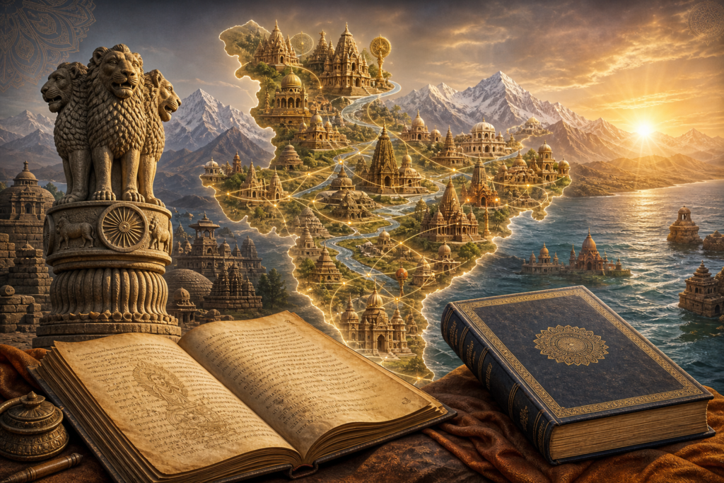 Illustration of Bharat as an ancient civilizational landscape with temples, Himalayas, manuscripts, Ashokan pillar, and Constitution-style book.