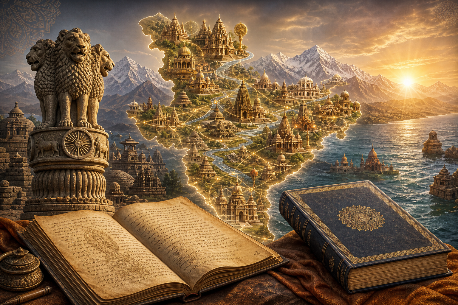 Illustration of Bharat as an ancient civilizational landscape with temples, Himalayas, manuscripts, Ashokan pillar, and Constitution-style book.