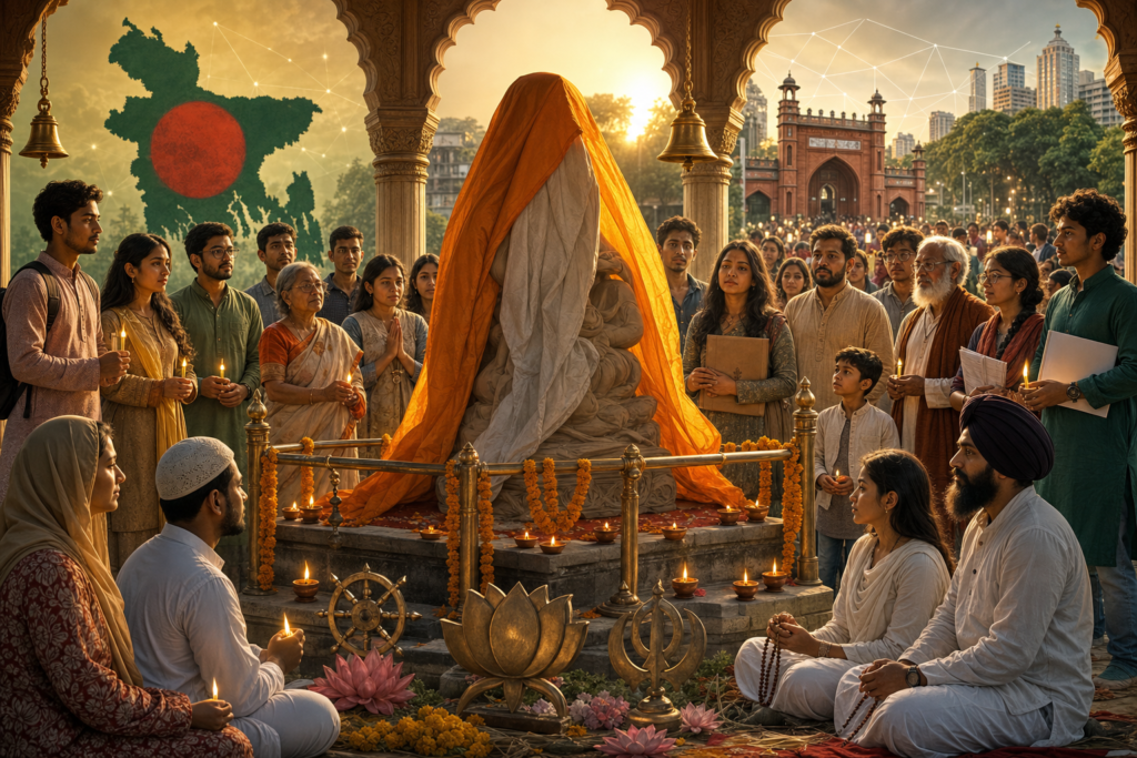 Bangladeshi Hindus gather peacefully around a veiled temple murti with candles and rights documents.