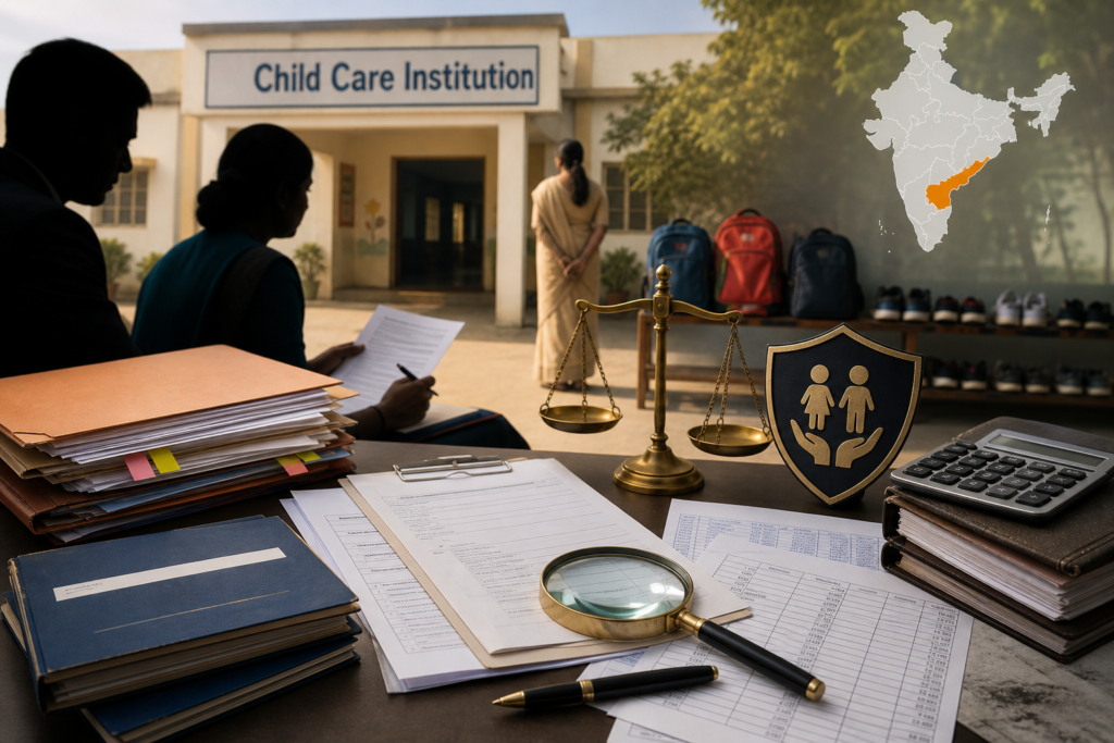 Child care institution oversight scene in Andhra Pradesh with inspection files, justice scales and child safety shield.