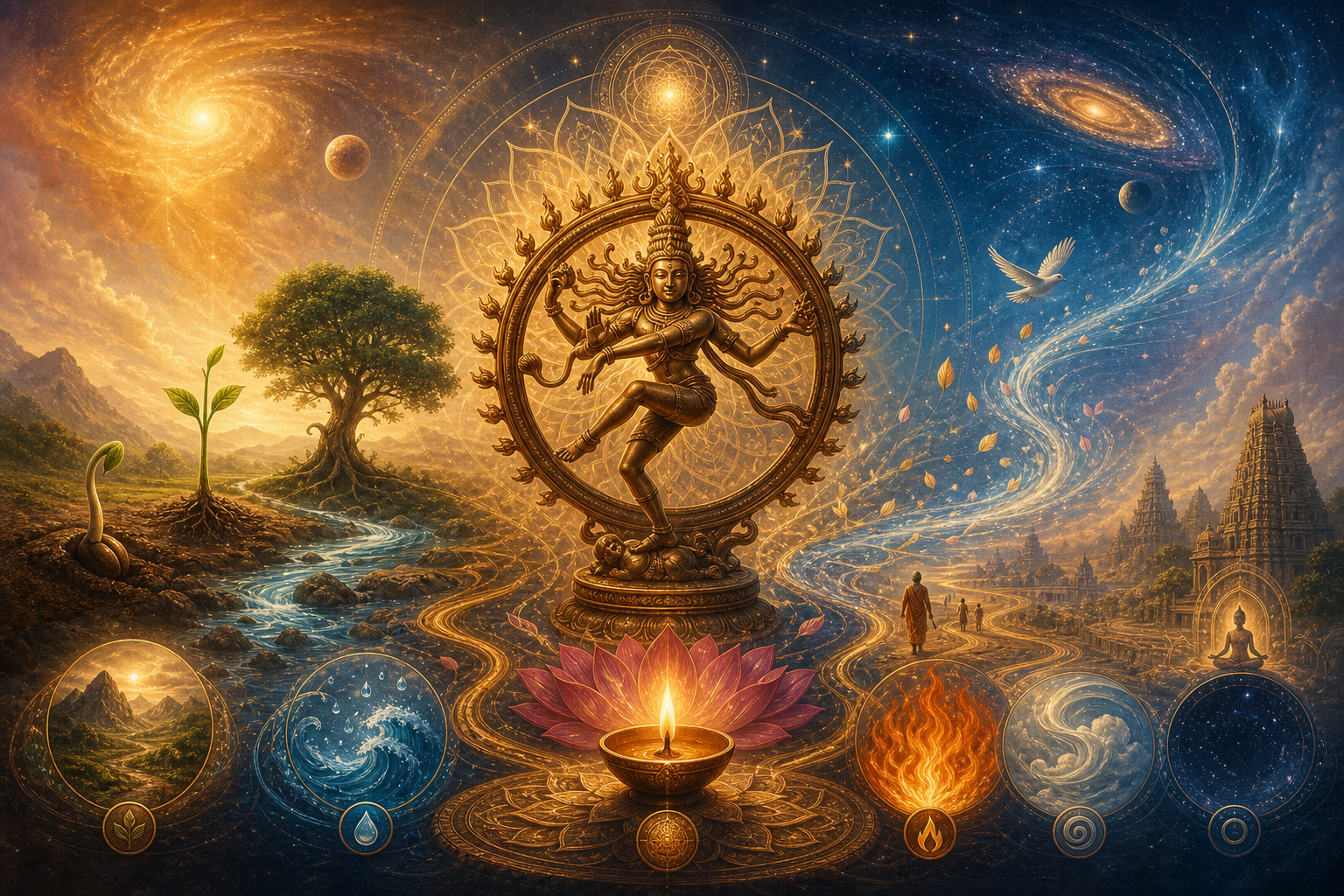 Shiva Nataraja-inspired cosmic dancer in a golden mandala illustrating Hindu cosmology and the five elements.