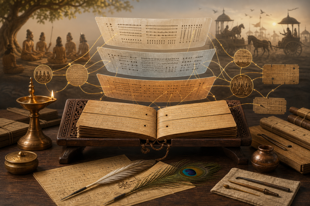 Ancient palm-leaf Mahabharata manuscript with layered Sanskrit traditions and golden scholarly connections
