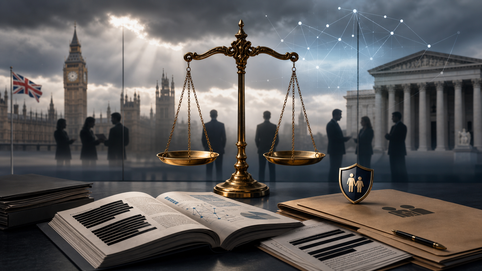 Scales of justice before Westminster, court buildings, inquiry reports, redacted documents and child protection files.