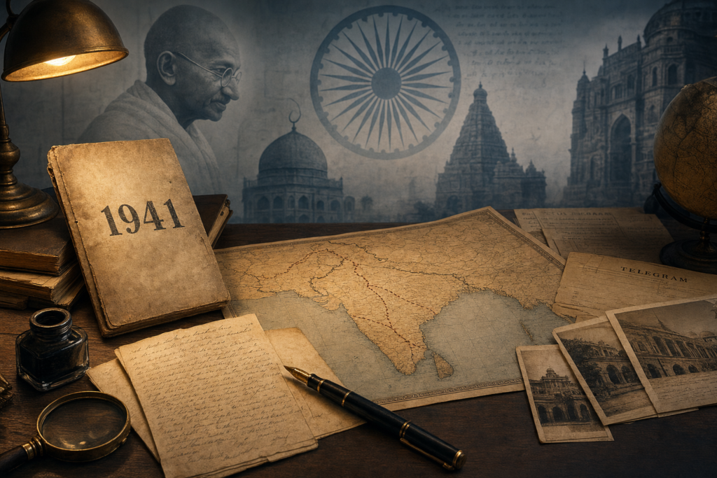 Archival 1941 India history desk with Gandhi portrait, colonial map, telegrams, and Ashoka Chakra