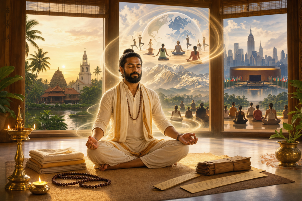 Indian yoga teacher meditating in a sunlit hall with Kerala, Himalayas, New York skyline, globe, and diverse yoga silhouettes