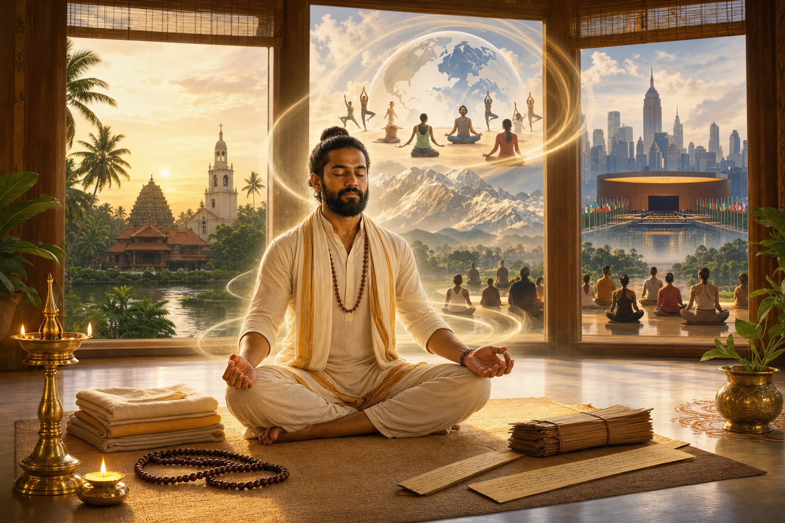 Indian yoga teacher meditating in a sunlit hall with Kerala, Himalayas, New York skyline, globe, and diverse yoga silhouettes